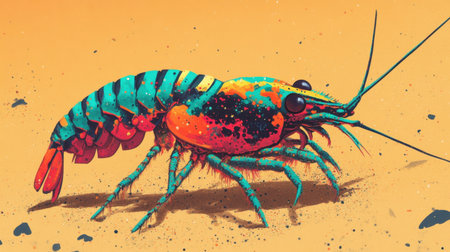 An imaginative and vibrant illustration of a crawfish, showcasing its intricate features and bright colors against a sandy background, perfect for seafood themes.の素材