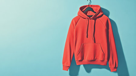 This vibrant coral hoodie hangs against a blue background, perfect for showcasing casual fashion options and stylish outfit ideas in a minimalist setting.の素材