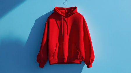 A vivid red hooded sweatshirt displayed against a bright blue background, perfect for showcasing casual fashion in a minimalist style. Ideal for marketing and design.の素材