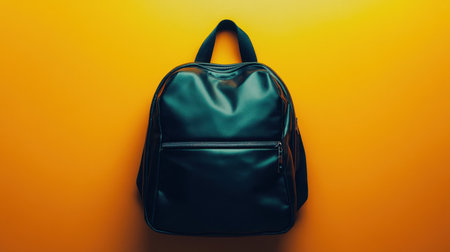 A stylish black backpack rests against a vibrant yellow backdrop, showcasing its sleek design suited for both daily use and travel adventures.の素材