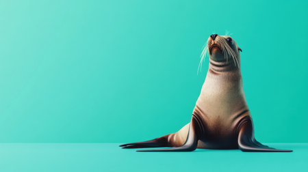 A charming seal poses in a playful manner against a vibrant turquoise backdrop, showcasing its unique features and serene personality, ideal for wildlife themes.の素材