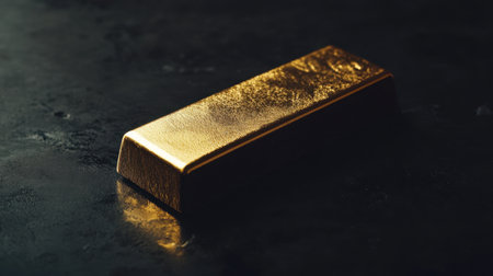 This striking image features a gleaming gold bar resting on a dark surface, highlighting its luxurious shine and rich color, perfect for themes of wealth and investment.の素材