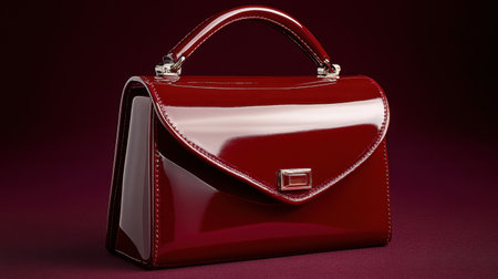 This image features an elegant red patent handbag, showcasing a sleek design and shiny surface. Perfect for fashion and style concepts.の素材