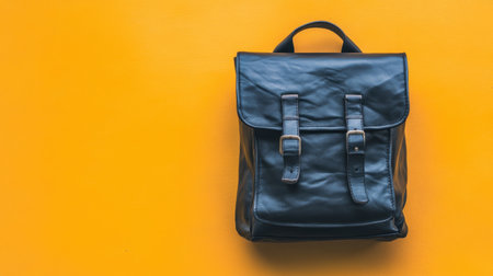 A stylish black leather backpack on a vibrant yellow background, perfect for showcasing modern accessories with a touch of vintage elegance. Ideal for fashion enthusiasts.の素材