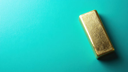 A striking gold bar rests on a vibrant teal background, highlighting luxury and wealth. Perfect for financial themes, marketing, and artistic projects.の素材