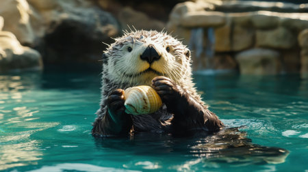 A charming otter enjoys a shell in clear blue water. This delightful scene captures the essence of wildlife in a natural environment. The playful nature of this animal evokes happiness and curiosity.の素材