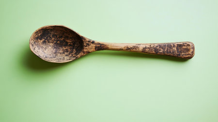 A rustic wooden spoon rests on a soft green surface, providing a nostalgic touch to kitchen environments. Perfect for culinary presentations and home cooking.の素材
