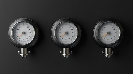 This image showcases three industrial pressure gauges with clear dials against a dark background, ideal for illustrating measurement and engineering concepts.の素材