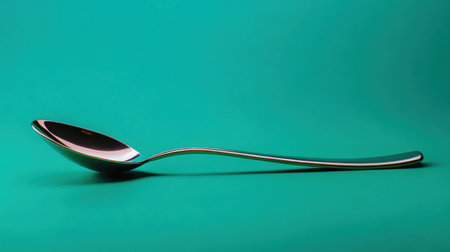 This image features a sleek metal spoon lying on a bright teal background, ideal for culinary-themed projects, kitchen-related graphics, and food presentations.の素材