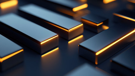 This captivating image features an abstract composition of metallic bars with glowing edges, set against a dark background, perfect for modern design projects.の素材