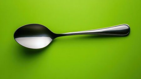 A sleek, glossy steel spoon rests on a vibrant green surface, showcasing its shiny finish and modern design. Perfect for culinary illustrations.の素材