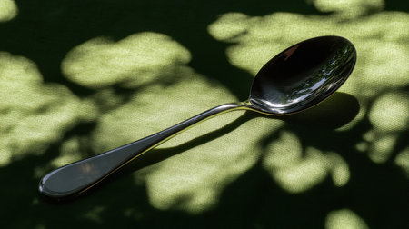 A vintage silver spoon rests gracefully on a green fabric, surrounded by soft nature shadows. The interplay of light and texture creates a calming, artistic vibe.の素材