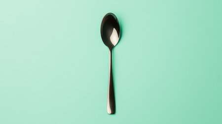 This image features a solitary black spoon set against a soft mint background, highlighting its sleek design and minimalist charm for kitchen decor.の素材