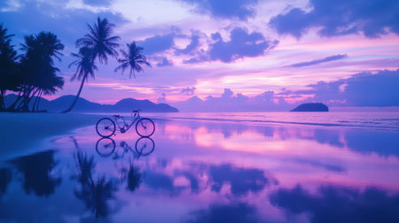 A beautiful tropical beach scene featuring a lone bicycle resting on the shore at sunset. The vibrant purple and pink hues in the sky reflect on the calm water, creating a serene ambiance perfect for relaxation or travel inspiration.の素材