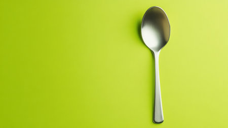 A shiny silver spoon rests on a vibrant green surface, perfect for various culinary themes. This image enhances food presentation and kitchen decor.の素材