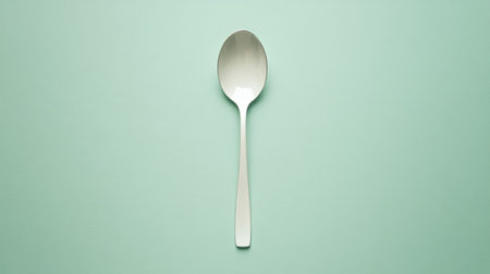 A silver spoon placed on a soft green background embodies a minimalist style, perfect for modern kitchen decor and culinary themes. Ideal for various uses.の素材