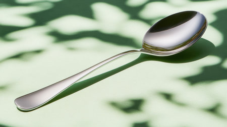 A striking silver spoon rests on a soft green surface, enhanced by gentle shadows and natural light. The elegant design adds a modern touch to any dining setting.の素材