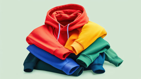 A vibrant stack of hoodies in various colors creates a cozy and stylish visual, perfect for fashion and casual wear inspiration for all seasons.の素材