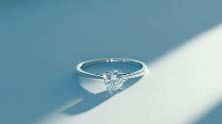 A stunning solitaire diamond ring rests on a soft blue background, casting delicate shadows and reflections that enhance its sparkling beauty and elegance.の素材