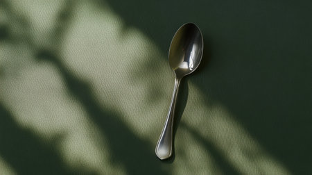 A sleek silver spoon rests on a textured green surface, surrounded by gentle shadows. This peaceful image captures minimalism and elegance in design.の素材