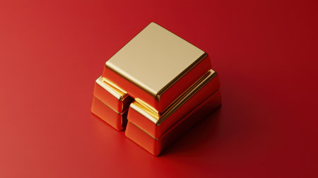 A striking gold bar set against a rich red background, symbolizing luxury and financial prosperity, ideal for various creative and business projects.の素材