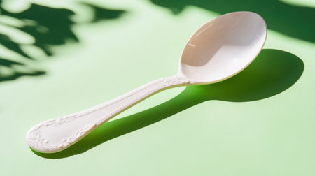 A chic white spoon positioned gracefully on a vibrant green surface, featuring delicate details and captivating shadows, perfect for culinary imagery.の素材