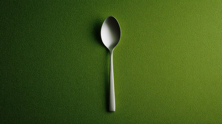 A stunning photo featuring a silver spoon placed centrally on a textured green background. Ideal for culinary, dining, and design projects.の素材