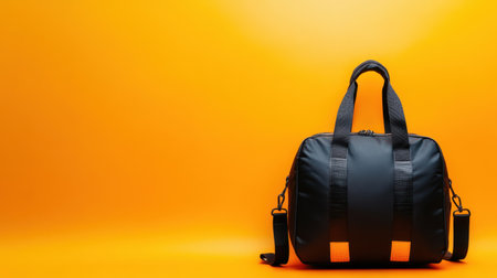 A stylish black travel bag stands prominently against a vibrant yellow background, highlighting its modern design and minimalistic appeal. Perfect for lifestyle.の素材