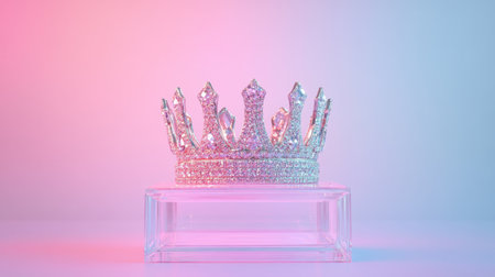 A beautifully designed crown sits elegantly on a clear pedestal, bathed in soft pink and blue lights, creating an enchanting and luxurious atmosphere.の素材