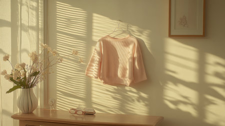A soft pink sweater gracefully hangs against a wall, illuminated by gentle sunlight that creates vibrant shadow patterns, enhancing the cozy atmosphere.の素材