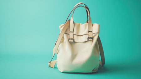 This stylish beige tote bag features elegant straps, perfect for daily use or shopping. The soft texture contrasts beautifully against a turquoise backdrop.の素材