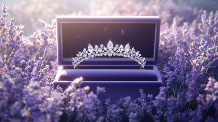 This captivating photograph features an elegant diamond tiara nestled in a velvet box, surrounded by vibrant lavender flowers, evoking a sense of luxury and romance.の素材