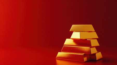 A visually striking arrangement of gold bars stacked on a vivid red background. This image evokes feelings of luxury and wealth, ideal for financial themes.の素材