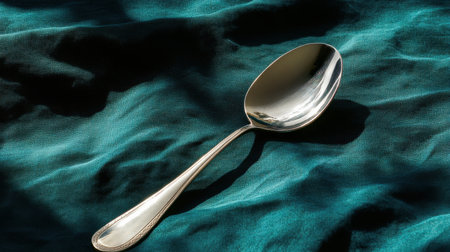 A beautifully polished silver spoon is elegantly placed on a soft silk fabric, showcasing a rich turquoise color and exquisite texture, perfect for culinary-themed visuals.の素材