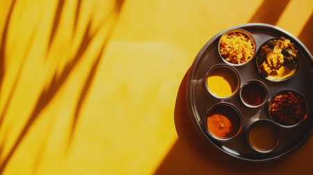 A beautiful arrangement of an Indian cuisine plate displays an array of colorful spices and dishes against a vibrant yellow background, creating an inviting culinary experience.の素材