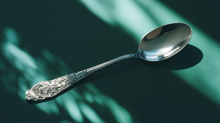 This image features an elegant vintage silver spoon with an intricate floral design, showcasing its shiny surface and beautiful details against a dark green background.の素材