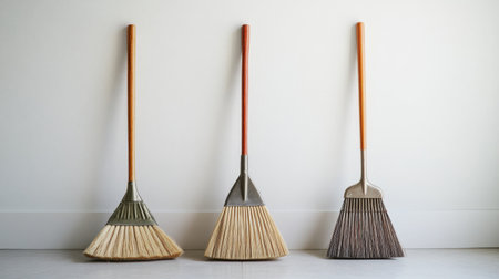 This image showcases three distinct types of brooms, arranged vertically against a neutral background, emphasizing their minimalistic and functional design for home cleaning tasks.の素材