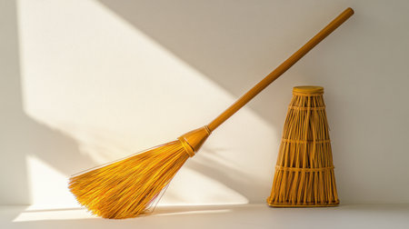 This image showcases a bright straw broom leaning against a neutral background, emphasizing its sleek design and versatility in cleaning tasks.の素材