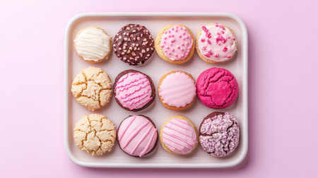 This vibrant tray features an exquisite assortment of colorful cookies perfect for celebrations, parties, or cozy gatherings. Indulge in sweet delights!の素材