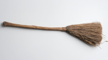 A traditional wooden broom featuring a sturdy handle and natural fiber bristles, ideal for cleaning tasks in homes or outdoor areas.の素材