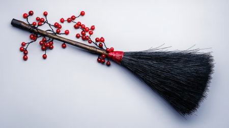 This artistic image features a vintage broom adorned with vibrant red berries, set against a minimalist background, perfect for seasonal or home decor themes.の素材