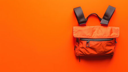 A modern orange backpack is elegantly placed on a vibrant orange background, highlighting its stylish design and functional features for everyday use.の素材