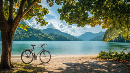 A vintage bicycle rests peacefully under leafy trees by a tranquil lake, with majestic mountains in the background, capturing the essence of outdoor serenity.の素材