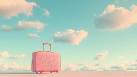 A stylish pink suitcase stands alone against a serene sky filled with fluffy clouds, inviting feelings of adventure and exploration perfect for travel-themed projects.の素材