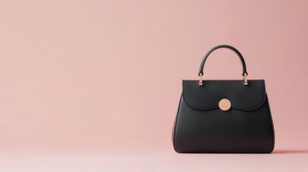 This image features an elegant black handbag placed on a soft pink background, highlighting modern style and luxury. Ideal for fashion-related projects.の素材