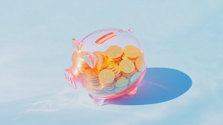 A clear piggy bank filled with golden coins rests on a light blue surface, reflecting a warm glow from soft sunlight. Ideal for finance themes.の素材