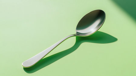 A stunning metallic spoon lies elegantly on a vibrant green surface, creating soft shadows and showcasing minimalist design ideal for culinary use.の素材