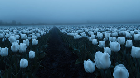 A serene tulip field captured in a tranquil blue twilight, enveloped in mist and fog, creating a mysterious and peaceful atmosphere that invites reflection.の素材