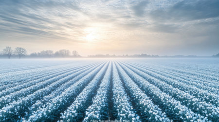 This serene winter landscape captures a vast field of white tulips under a soft sunrise, enhanced by a gentle mist rolling over the horizon.の素材