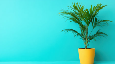 This image features a lively green plant in a bright yellow pot set against a striking turquoise background. The minimalist approach highlights the freshness and beauty of nature, perfect for modern home decor.の素材